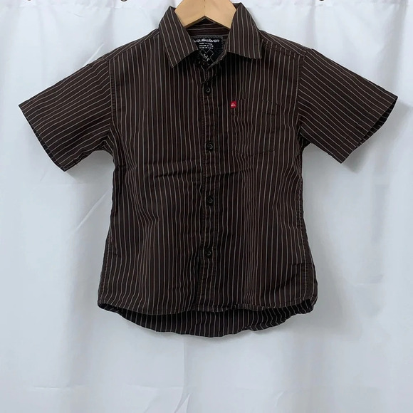 Boys QuikSilver Short Sleeve Brown Striped Button Down Shirt Size Small EUC - Picture 1 of 6